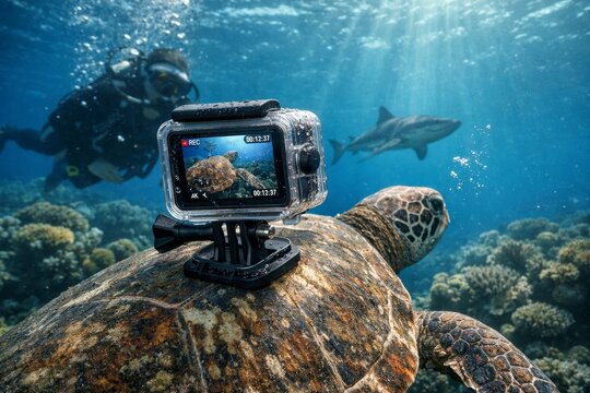 Underwater adventure captures diver filming sea turtle with shark nearby via action camera in vibrant coral reef