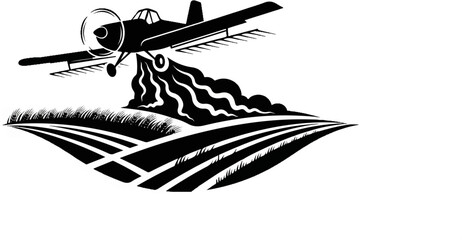 Naklejka premium Crop duster spraying a field with mist, silhouetted, agricultural application