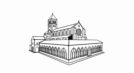 Fototapeta premium Architectural drawing of a grand basilica with a cloister and bell tower