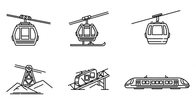 Various modes of transportation, including cable cars and a train, depicted in line art.