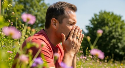 Obraz premium Man sneezing in a field of flowers on a sunny day