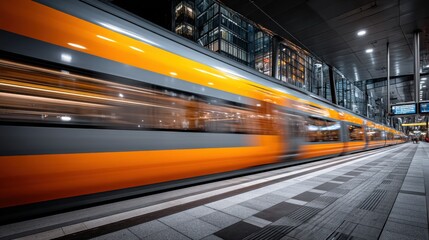 Obraz premium Dynamic Commute: High-Speed Train Blurs Through Modern Station generated by AI