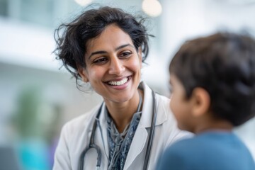 Fototapeta premium Caring Female Doctor Smiles at Child Patient generated by AI