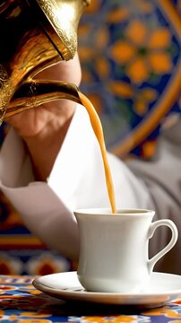 Arabic Coffee Pouring into Cup Golden Dallah Detailed Islamic Background