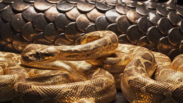 Gold snake coiling and uncoiling on scale textured background, representing wealth, danger, and mystery, a symbol of transformation.