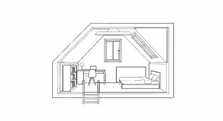 Attic room sketch with bed, desk, chair, bookshelf, and window