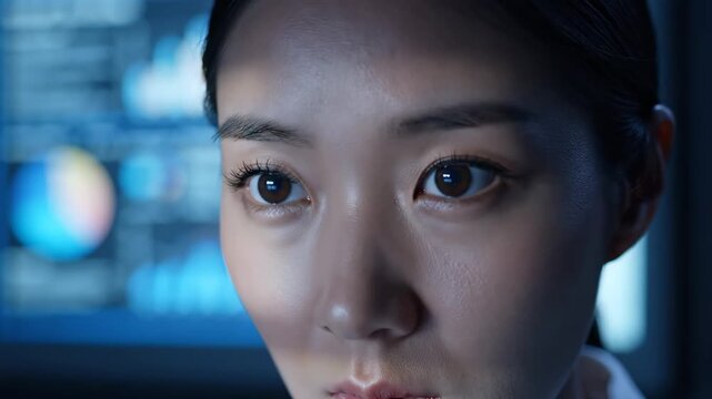 The scene captures a young female professional deeply engaged in analyzing complex data displays.