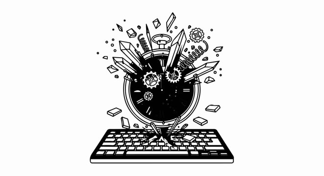 Clock exploding from keyboard with gears and crystals erupting