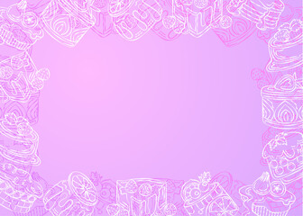 A picture frame featuring various desserts and cakes arranged in a freehand style, used as a background for advertising, cards, menus, and other printed materials.