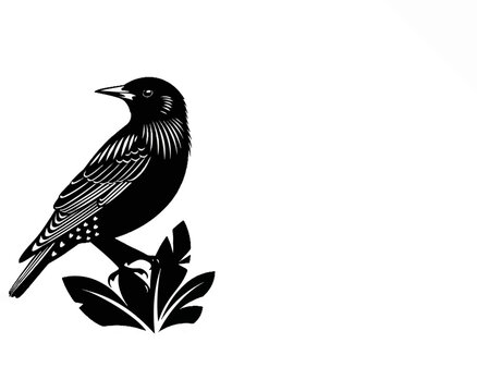 Black and white silhouette of a starling perched on leaves, stark contrast