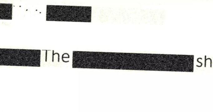 Looping video of a sensitive legal contract with heavy black redaction marks covering confidential information for privacy and security