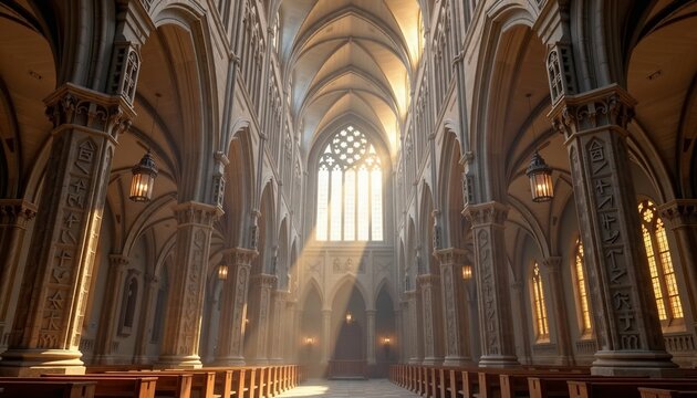 Gothic cathedral interior with sunlight streaming through stained glass, serene atmosphere