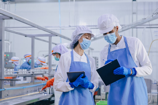 Food hygiene officer inspecting and certifying the cleanliness of fish production product factory,