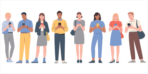 Fototapeta premium Diverse group of people standing and holding mobile phones on a white background smartphone technology