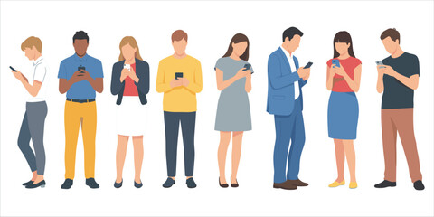 Obraz premium Diverse group of people standing and looking at their mobile phones on a white background smartphone