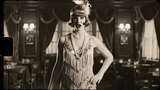 Caucasian woman in flapper dress posing in sepia tone video sequence for roaring twenties historical entertainment.