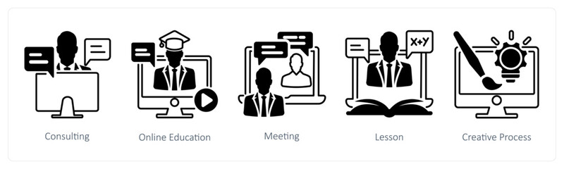A set of 5 mix icons as consulting, online education, meeting in black color © popcornarts