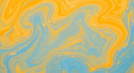 Obraz premium Vibrant abstract fluid art background with swirling yellow and blue marbled patterns and golden specks perfect for creative projects and designs
