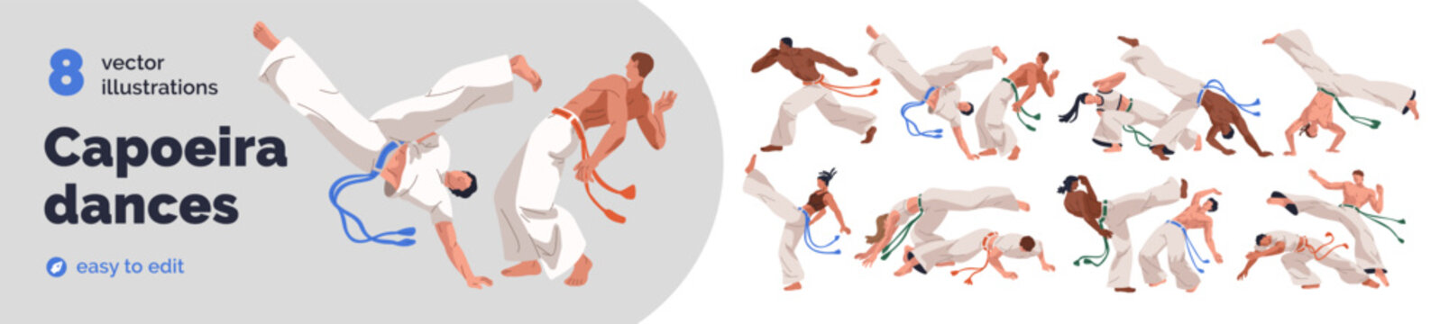Capoeira dances set. People fight, Brazilian sport, martial art. Capoeria fighters, acrobatics exercises. Brazil battle, fighting dancers dancing. Flat vector illustration isolated on white background