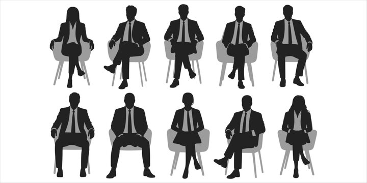 Silhouettes of Business People Sitting in Chairs on White Background woman