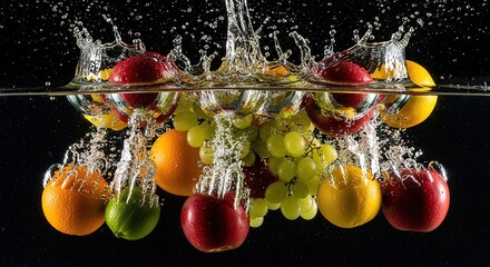 Fresh Mixed Fruits Splashing in Water.