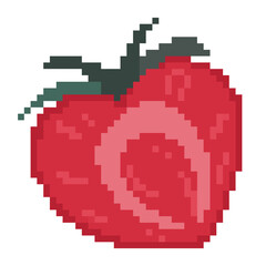Obraz premium Red strawberry half pixel art icon for healthy fruit snack