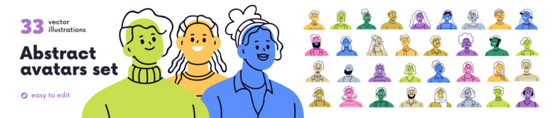 Obraz premium Abstract avatars set. Colored faces characters. Diverse people, head portraits. Happy smiling men and women, drawn user profiles in modern style. Flat vector illustration isolated on white background