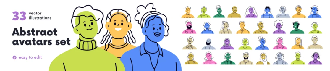 Fototapete Rund Restaurant Abstract avatars set. Colored faces characters. Diverse people, head portraits. Happy smiling men and women, drawn user profiles in modern style. Flat vector illustration isolated on white background  © Good Studio