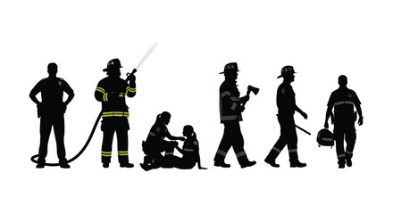 Silhouettes of firefighters and paramedics performing various rescue operations in a emergency scene