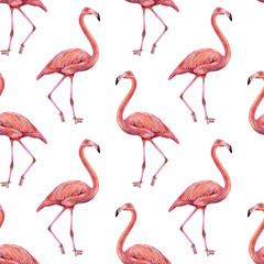 Fototapeta premium Pink flamingo seamless pattern, watercolor illustration tropical birds in repeat layout, For textile, fabric, wallpaper, packaging, wrapping paper, surface design, branding and international day theme