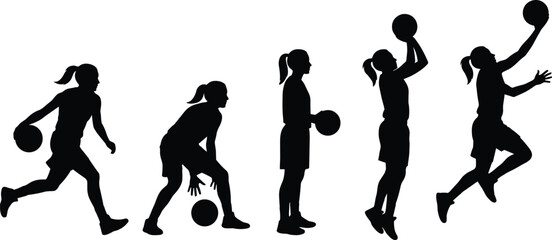 Female basketball player silhouette sequence, dynamic dribbling shooting action poses isolated on white background sports training concept illustration © MST