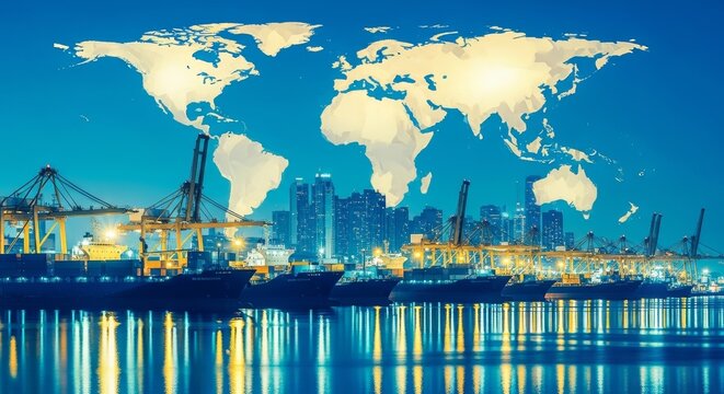 Global Trade Hub with Cargo Ships and Cranes in a Bustling Harbor at Night from a High Viewpoint
