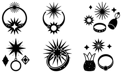 Collection of black and white jewelry illustrations featuring rings, earrings, and crowns with starburst designs and geometric shapes