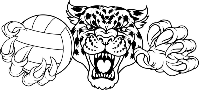 A jaguar, panther, leopard or cheetah wildcat spotted cat volleyball sports team mascot holding a ball