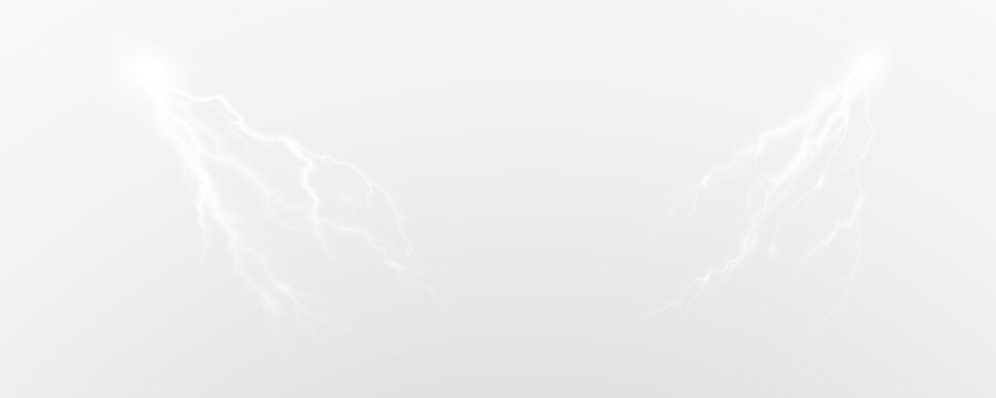 Realistic lightning flash effect, thunderstorm and lightning. Shining white lightning isolated on transparent background, natural phenomenon png.	
