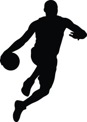 Black silhouette of a male basketball player dribbling ball in dynamic motion, sports action concept, flat vector illustration, isolated.