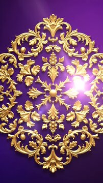 Golden Baroque Ornate Scrollwork Flourish on Deep Purple Background Loop
