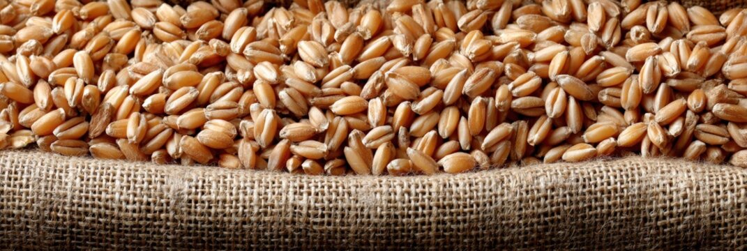 Heap of wheat kernels on burlap sacking for agriculture and cuisine