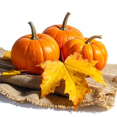 Three bright orange pumpkins and a yellow maple leaf on a rough tan burlap surface, against a stark white background