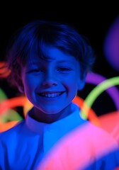 Smiling Boy at Neon Glow Party with Colorful UV Light Background