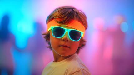 Stylish Child Wearing Neon Sunglasses in Vibrant Glow Party Lighting