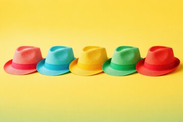 Five colorful fedora hats lined up in a row against a vibrant yellow background