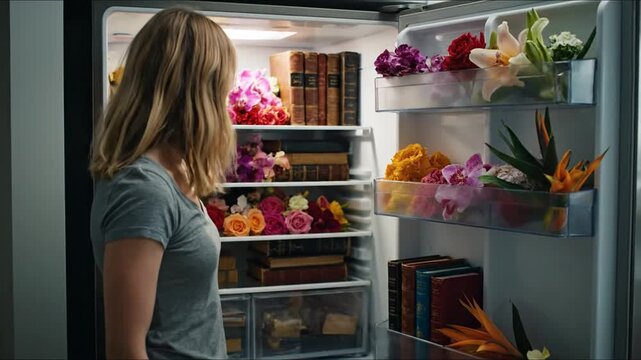 Woman surprised by refrigerator filled with flowers and books
