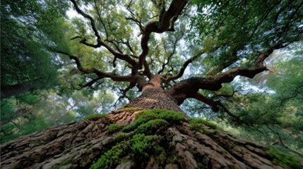 Fototapeta premium View from ground looking up at a tall oak tree with branches forming a wide canopy in a forest showing fine foliage and textures on the wood