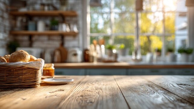 Warm sunlight streams into a bright kitchen, highlighting a clean oak table set for breakfast with bread rolls and preserves nearby
