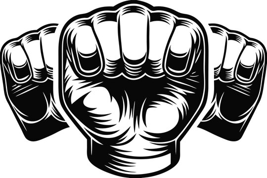 Three monochrome fists are lined up, symbolizing strength and determination with a bold, outlined style
