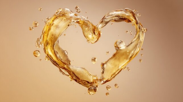 Golden essential oil droplets form a heart shape on a warm beige background. The droplets shine and merge softly in natural light