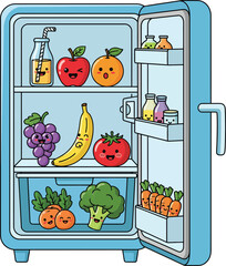 Cartoon Refrigerator Filled with Cute Anthropomorphic Smiling Fruits and Vegetables.