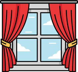 Cartoon window with pleated red curtains and golden tiebacks revealing a cloudy sky view.
