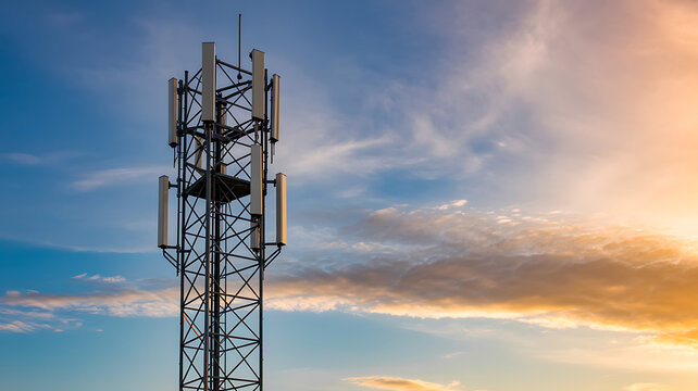 Tall cellular tower silhouetted against a bright, warm sunset sky with scattered clouds, essential for global connectivity.